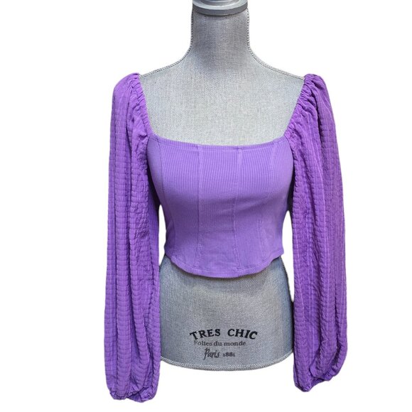 URBAN OUTFITTERS Purple Long Balloon Sleeve Square Neck Crop Top Medium NWT - Picture 1 of 5